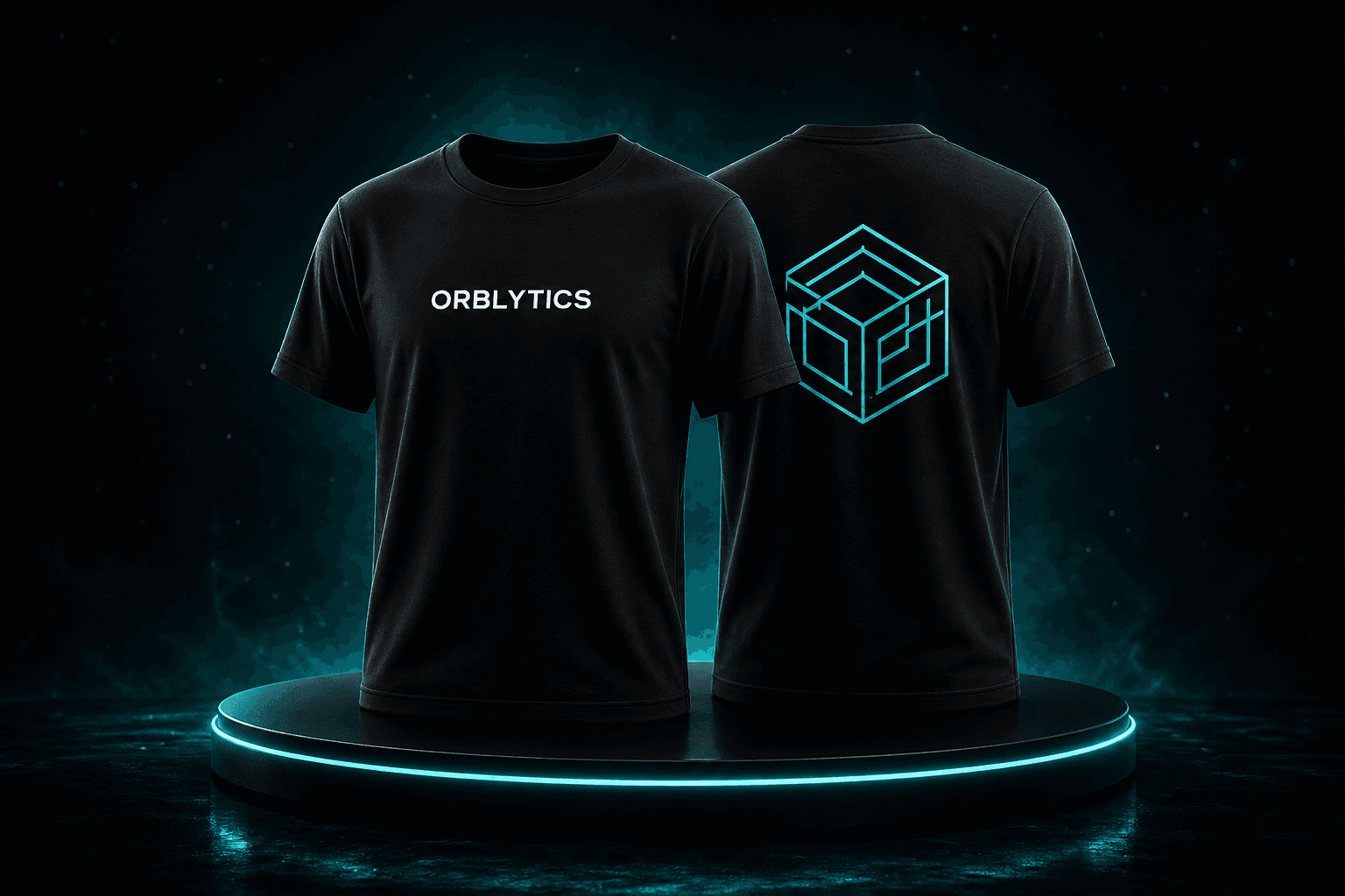 Front and back preview of two black ORBLYTICS Collection 001 shirts